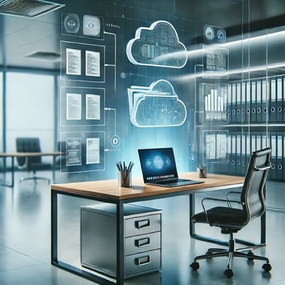 DALL·E 2025-02-19 12.16.37 - A modern office workspace with no paper clutter, featuring a sleek desk with a laptop and a large digital document management interface floating above